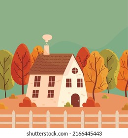cottage in autumn trees scenery