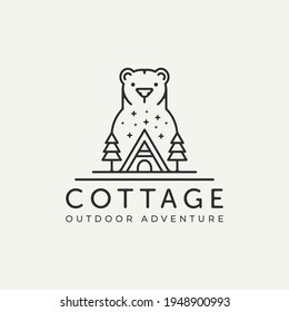 cottage bear minimalist line art logo template vector illustration design. simple minimalist cabin, camp, lodge icon logo concept