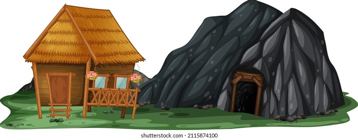 A cottage beside a rock cave illustration