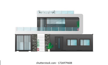 Hütte aus einem schwarzen Frachtcontainer.
Grosses Haus aus Container für Schiff isoliert auf einem weißen Hintergrund. Vektor.