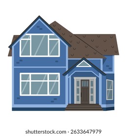 Cottage blue house isolated on white background. Front view. Illustration in Flat Style 