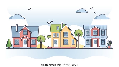 Cottage building exterior and family house real estate style outline concept. Downtown property facade with street view vector illustration. Cosy residence in beautiful neighborhood with foliage.