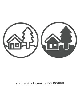 Cottage building and fir tree line and solid icon, eco tourism concept. Vector graphics. Country house with forest tree sign on white background, outline style icon for mobile or web design