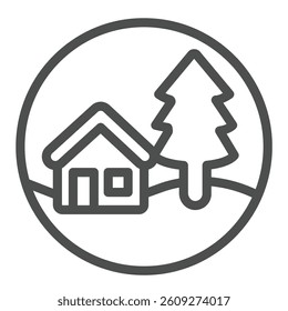 Cottage building and fir tree line icon, eco tourism concept. Vector graphics. Country house with forest tree sign on white background, outline style icon for mobile or web design