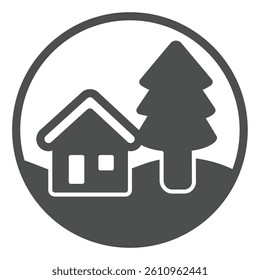Cottage building and fir tree solid icon, eco tourism concept. Vector graphics. Country house with forest tree sign on white background, glyph style icon for mobile or web design