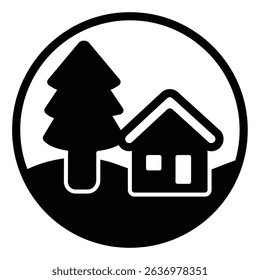 Cottage building and fir tree solid icon, eco tourism concept. Vector graphics. Country house with forest tree sign on white background, style mobile or design