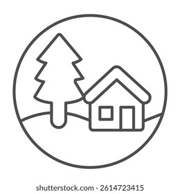Cottage building and fir tree thin line icon, eco tourism concept. Vector graphics. Country house with forest tree sign on white background, linear style icon for mobile or web design