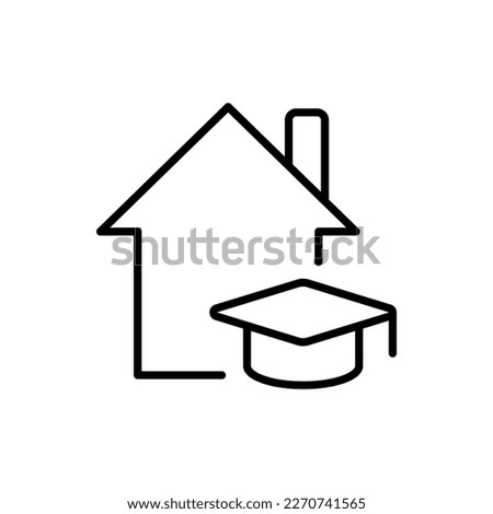 Cottage building with student hat line icons. Three-star hotel, real estate agency, house and apartment purchase. Building concept. Vector line icon on white background