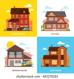 Cottage buildings 2x2 design concept set of modern cozy family houses flat vector illustration    