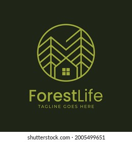 Cabaña o cabaña en bosque con árboles alrededor del diseño de logotipos 