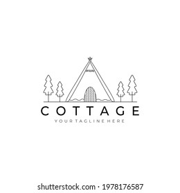 cottage or cabin line art logo design illustration vector. outdoor nature camp creative building minimalist monoline outline linear simple stateroom lodge hut cot shack shed