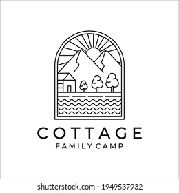 cottage or cabin line art minimalist simple vector logo illustration design. badge cottage at mountain in the river and lake line art logo concept minimalist simple icon illustration vector design