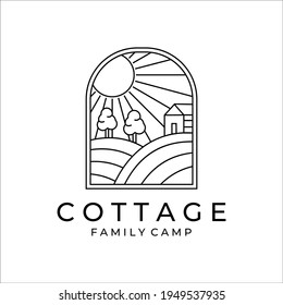 cottage or cabin line art minimalist simple vector logo illustration design. badge cottage at hill in summer forest line art logo concept minimalist simple icon illustration vector design