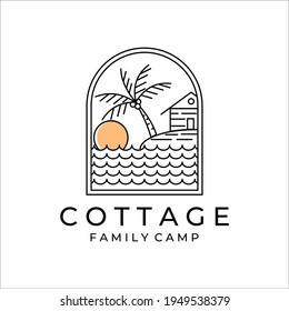 cottage or cabin line art simple minimalist vector logo illustration design. badge cottage at the beach and palm tree family camp line art minimalist vector logo concept icon simple design