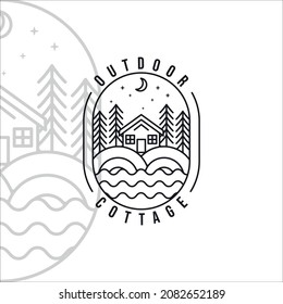 cottage or cabin line art vector logo illustration template icon graphic design. adventure outdoor at forest in night concept minimalist simple badge typography style