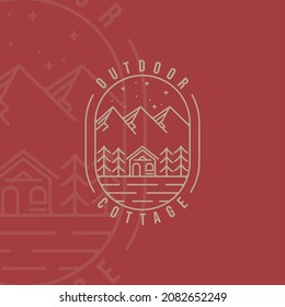 diseño gráfico del icono de la plantilla de la ilustración del logotipo del vector de la línea de cabinas o de la cabaña. aventura al aire libre en el bosque de montaña en concepto nocturno estilo minimalista simple de tipografía de insignias