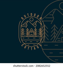 cottage or cabin line art vector logo illustration template icon graphic design. adventure outdoor at mountain forest in night concept minimalist simple badge typography style