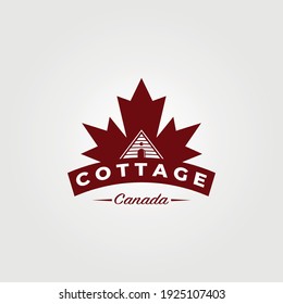 cottage with canadian maple leaf logo vintage vector illustration design
