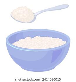 Cottage cheese in blue bowl, milk dairy product. Vector illustration. Cartoon healthy ricotta or cottage cheese, food production isolated on white