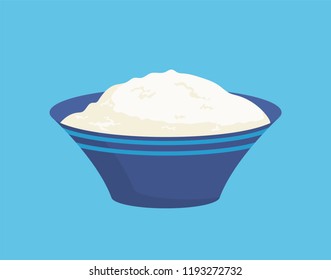 Cottage cheese in bowl isolated icon vector. Closeup of curd in plate, portion full of proteins and vitamins. Homemade domestic dish made of milk