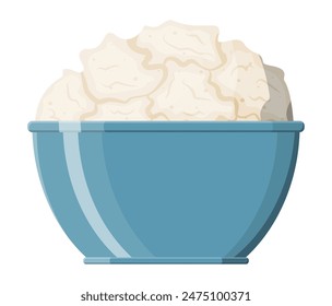 Cottage cheese in bowl isolated on white. Curd with vitamins, protein and calcium. Dairy milk product. Organic healthy product. Vector illustration in flat style