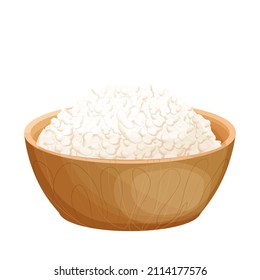 Cottage cheese dairy product in wooden bowl in cartoon style isolated on white background. Farm nature ingredient, nutrition food.