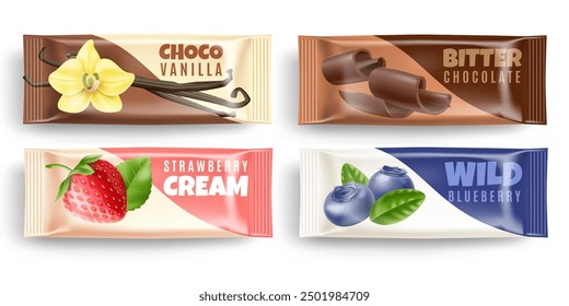 Postres de queso cottage. Diseño realista del paquete del producto de los productos lácteos para hacer publicidad. Postre de leche, sabor a vainilla y fresa, chocolate y arándano. Conjunto de Elementos 3D aislados de Vector