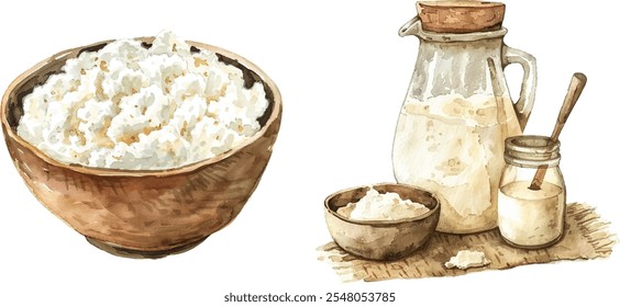 Cottage Cheese and Kefir Hand-Drawn Realistic Watercolor Illustration