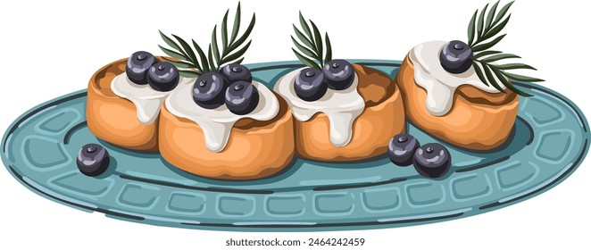 Cottage cheese pancakes with blueberry and cream for breakfast. Plate with cheesecakes. Dessert. Vector.
