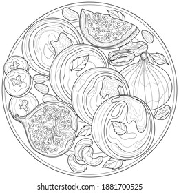 
Cottage cheese pancakes with 
figs, banana and nuts.Coloring book antistress for children and adults. Illustration isolated on white background.Zen-tangle style. Black and white drawing