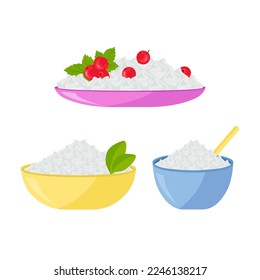 Cottage cheese in a plate. Cottage cheese with berries and sour cream, herbs. Vector set in flat style