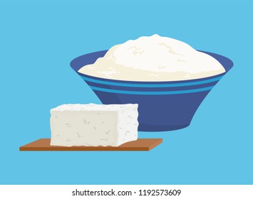 Cottage cheese portions isolated icons set. Vitamins and calcium, food rich in proteins. Homemade organic meal. Healthy dieting dairy products vector