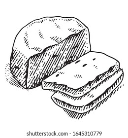 Cottage cheese with raisins. Vector. Hand drawing with felt-tip pen, marker. Isolated on a white background. Sketch homemade cheese. Sliced Cheese Head, Sliced.