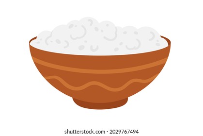 Cottage cheese in rustic bowl, milk dairy product from organic farm food market vector illustration. Cartoon healthy ricotta or cottage cheese, food production isolated on white