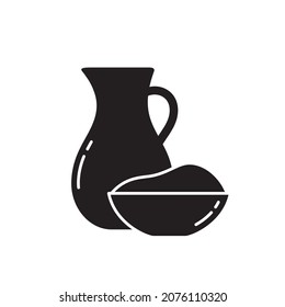 Cottage cheese or sour cream, silhouette icon. Jug of milk and bowl of dairy product. Black simple vector. Contour isolated pictogram on white background