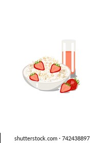 Cottage cheese with strawberries on white background