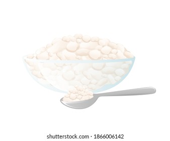 Cottage cheese in transparent glass bowl with tea spoon dairy product flat vector illustration on white background