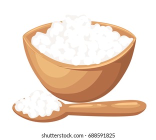 Cottage cheese vector illustration in flat design. Cottage cheese or porridge in blue plate with spoon and herb. Natural and healthy nutrition. For food concept, milk production ad. Isolated on white.