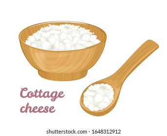 Cottage cheese in wooden bowl and spoon set. Dairy products isolated on white background. Vector illustration of organic healthy food in cartoon flat style.