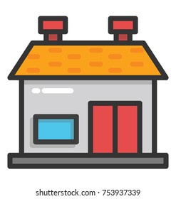 A cottage with chimneys indicating it is built in colder area