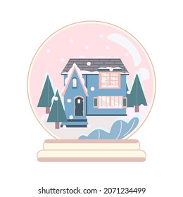 Alquiler y árbol de navidad en el globo de nieve. Conjunto de ilustraciones de dibujos animados vectoriales