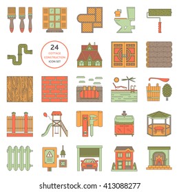 cottage construction line icons set