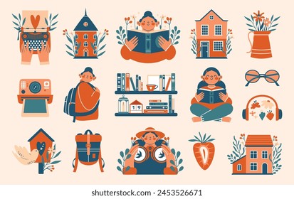 Cottage core. Book Lover, who living on village, farm. Slow life, rustical aesthetic. Summer vibe. Reading girl, women with binoculars. House, books, building, backpack, strawberry, flowers, plants.