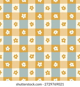 Cottage núcleo a cuadros margarita sin patrón. Dibujado a mano lindo estampado nostálgico con gingham azul y amarillo ornamento. Patrón caprichoso juguetón para la cocina textil, manta, mantel.
