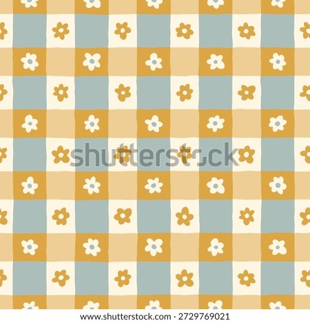 Cottage core checkered daisy seamless pattern. Hand drawn cute nostalgic print with gingham blue and yellow ornament. Playful whimsical pattern for kitchen textile, blanket, tablecloth.