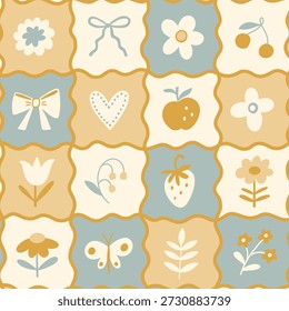 Cottage núcleo cuadriculado patrón sin fisuras. Dibujado a mano lindo estampado nostálgico con flores azules y amarillas, lazos. Patrón caprichoso juguetón para la cocina textil, manta, mantel.