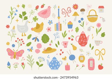 Cottage core collection - hen, goose, flowers, apple, pear, cherry, cup, kettle, butterfly, bow, basket, mushroom, books, berr,ies, stars in Pink, Yellow, Blue, Green. Perfect for summer greetings