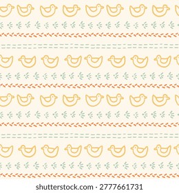 Cottage core duck border seamless pattern with hand drawn ducklings, tracks and stitched stripes, playful farmyard design for baby textiles, kids pajamas, nursery decor, cute children products. Vector