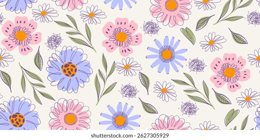 Cottage Core Flower Seamless Pattern with Cute Nature Wild Field Florals. Doodle quirky summer and spring plants. Feminine repeatable backdrop perfect for fashion, clothing, cards, invitations