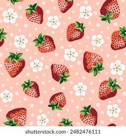 Cottage Core Garden Strawberries, Flowers and Polka Dot Vector Seamless Pattern. Vintage Feed Sack Backdrop With Nostalgic Retro Design. Fresh Summer Fruit Background